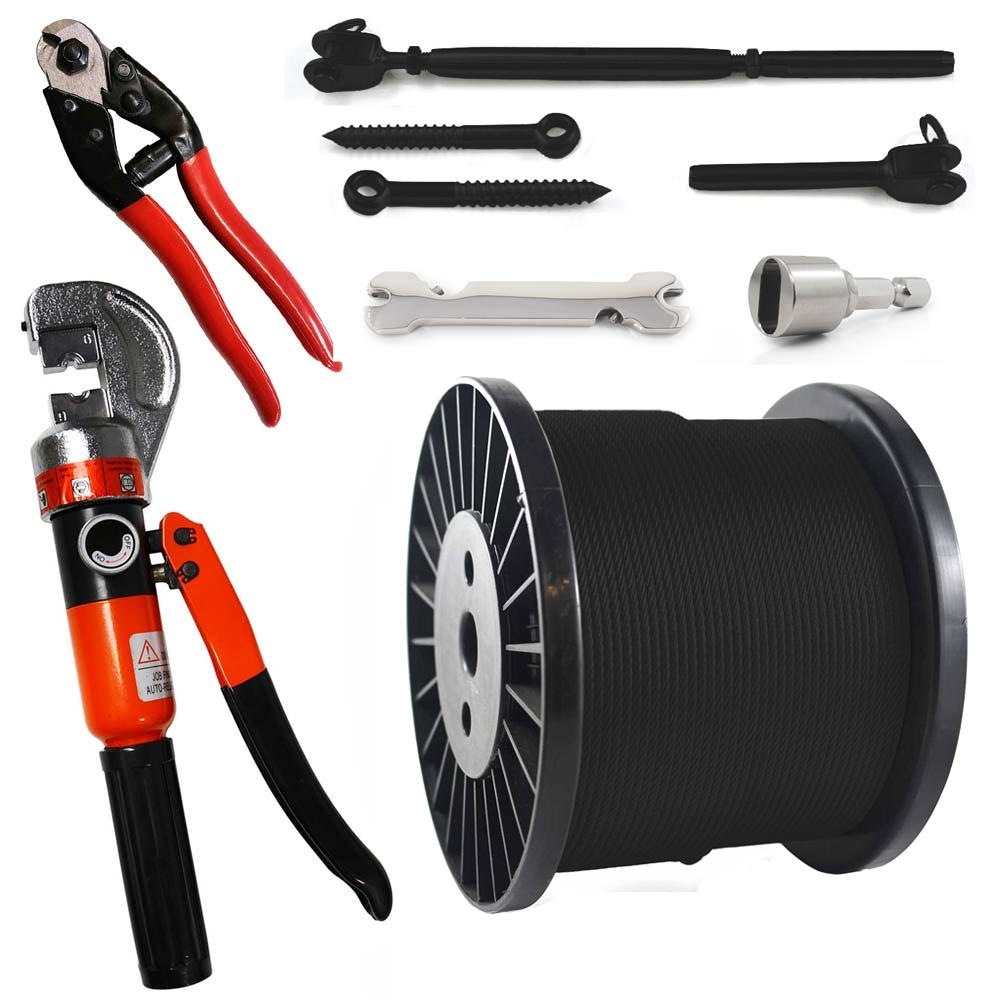 BlackLine PVD Wire Balustrade DIY Starter Bundle - Jaw/Swage Kit #B1, 33 Kits, 100m 1x19 Wire & Tools