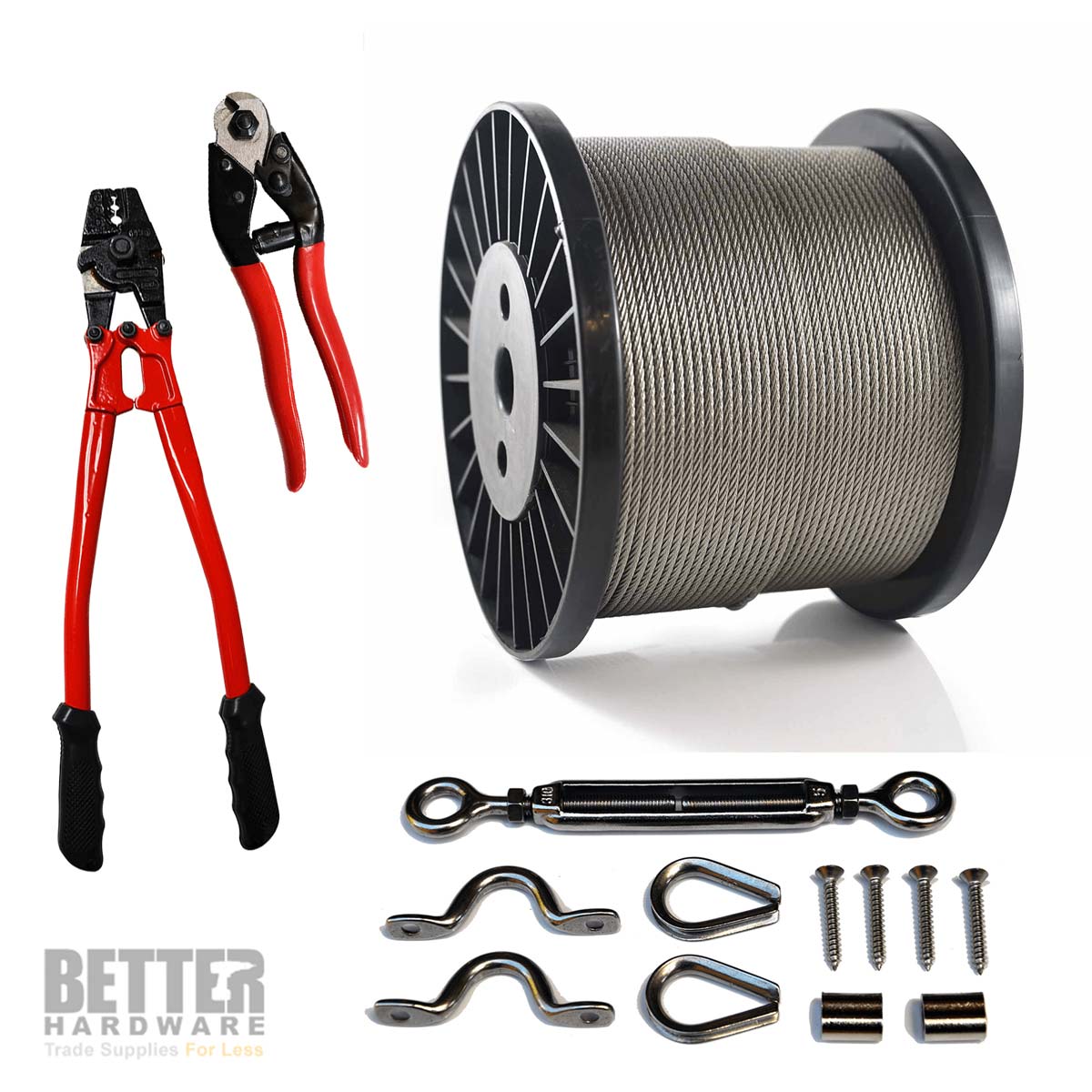 Wire Balustrade DIY Starter Bundle 'Rustic' Style - Eye/Eye Kit #41 (Timber), 33 Kits, 150m 7x7 Wire & Tools