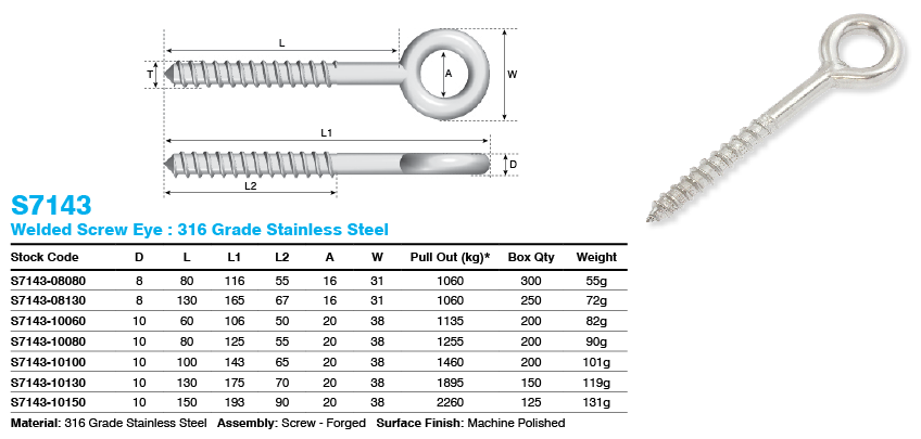 Screw Eye Welded M8 x 80mm Stainless Steel 316